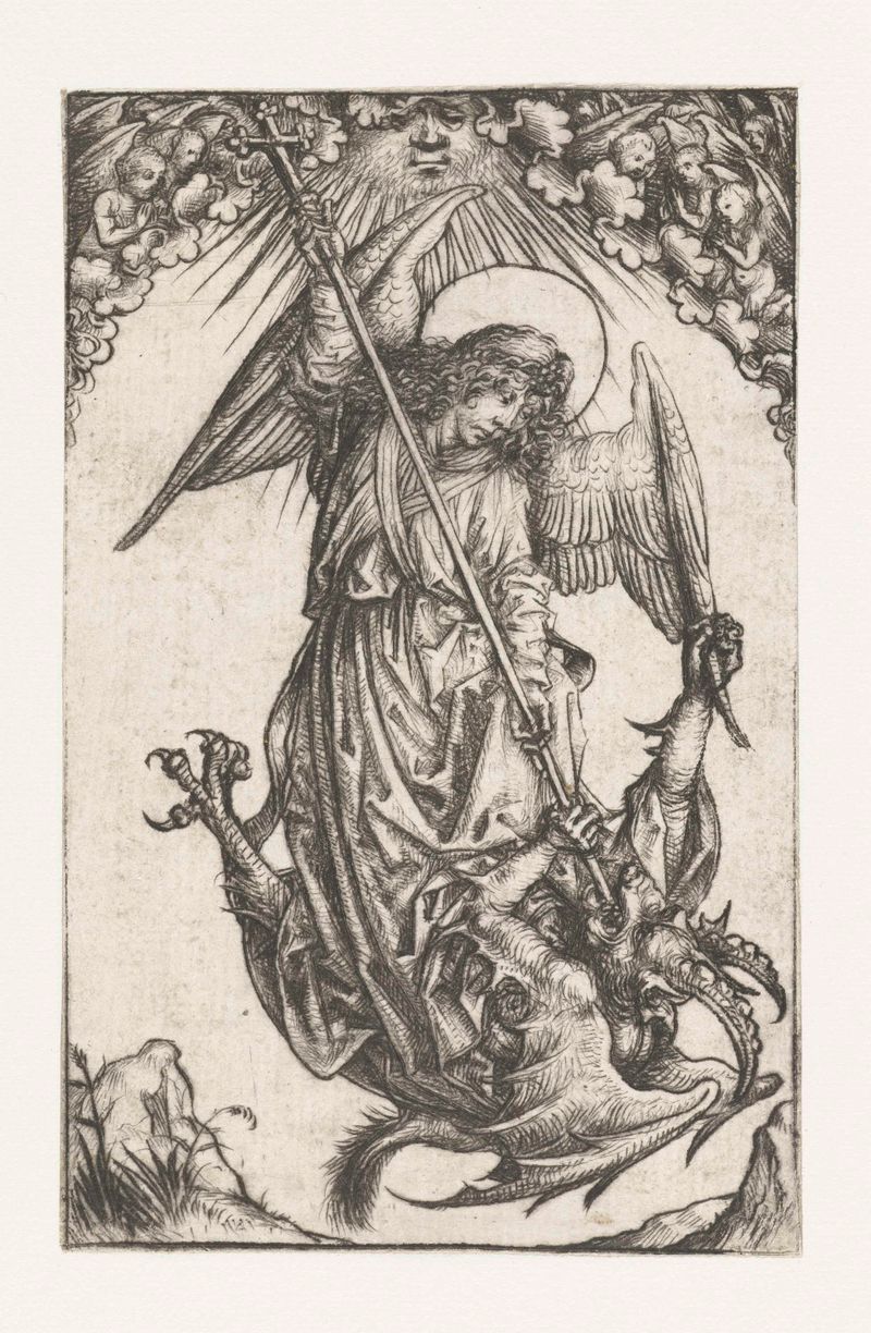 Heilige Michaël de Meester van het Amsterdamse Kabinet, punta seca que representa al arcángel en armadura vibrante.