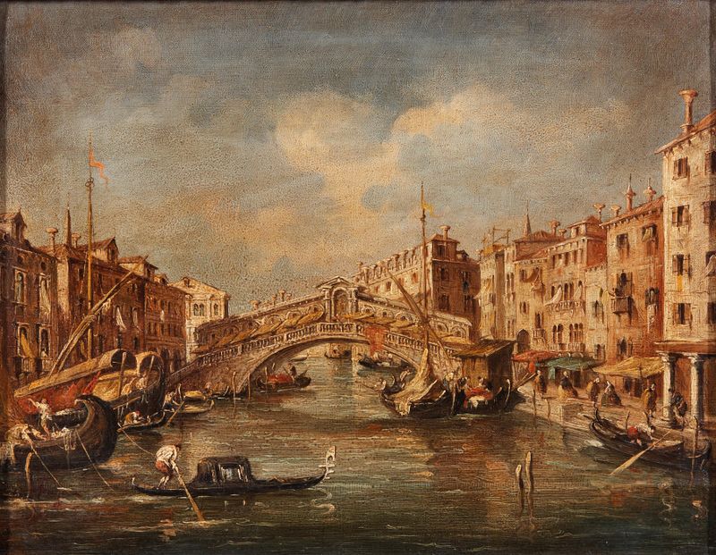 Veneza, a Ponte Rialto de Giuseppe Ponga, óleo sobre tela