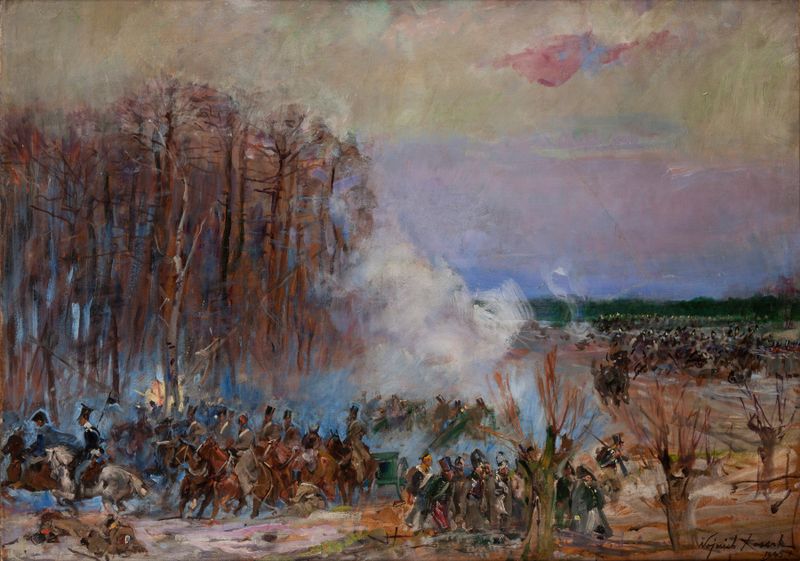 Historical battle scene by Wojciech Kossak, oil painting, featuring figures in traditional garb.