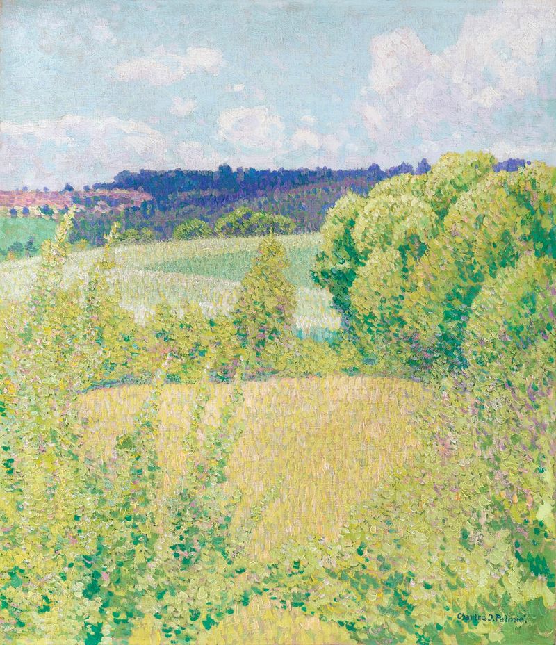 Landscape with a lush green meadow and wildflowers by Charles Johann Palmié, oil painting