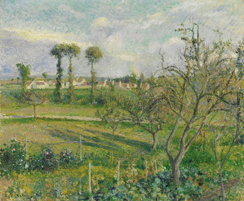 Soleil Couchant Au Valhermeil, pintura a óleo de Camille Pissarro representando um pôr do sol sobre campos.