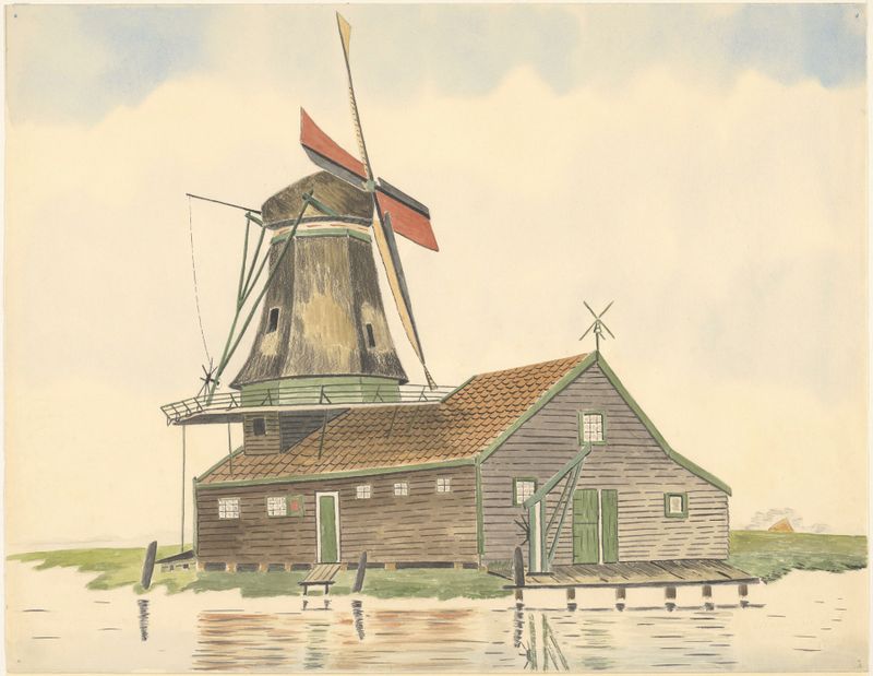 Óleo sobre lienzo de Johannes Nicolaas Eijman que representa un molino de viento y colinas suaves