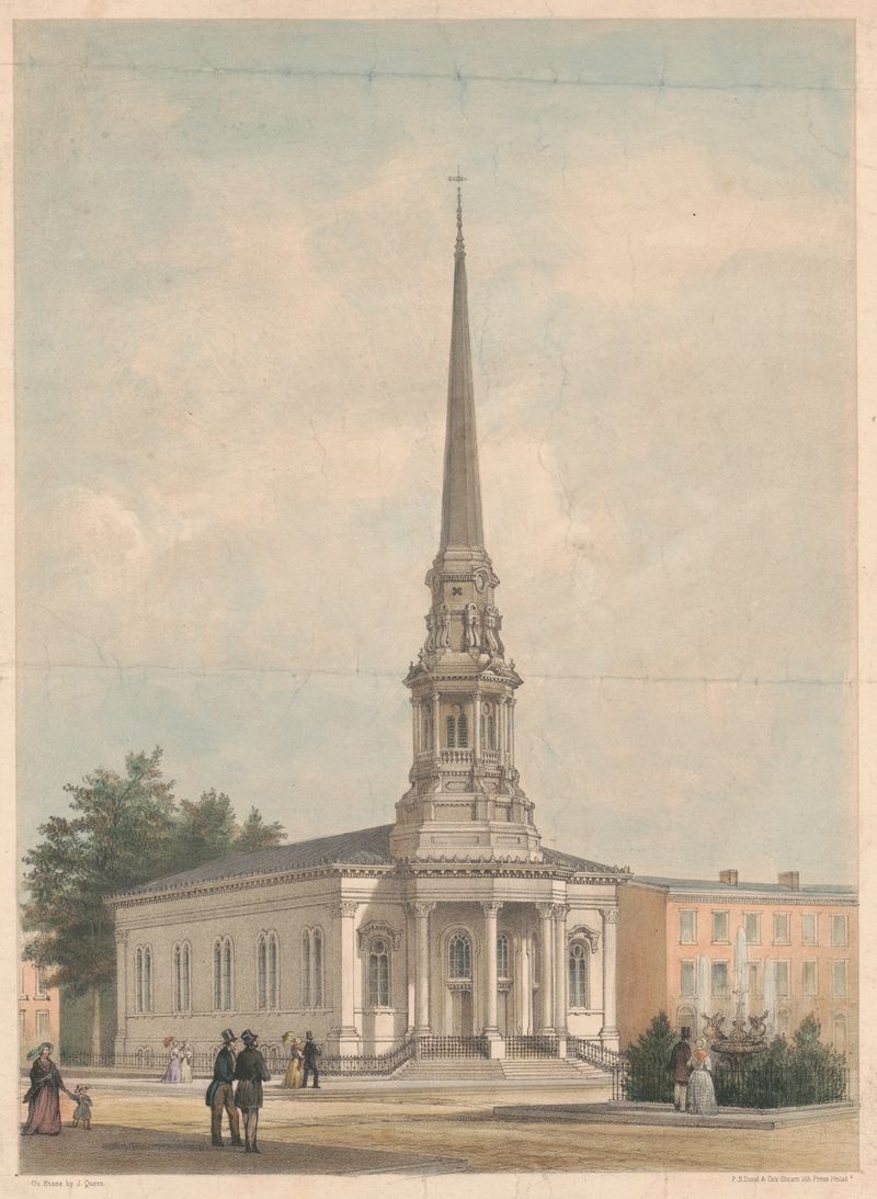 Engraving of The Fourth Baptist Church by James Fuller Queen, showcasing its architectural features.