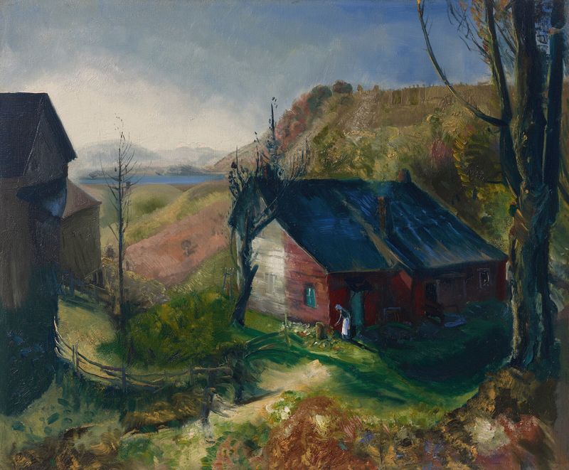 Mountain Farm by George Wesley Bellows, oil painting depicting a farmhouse and mountains in golden light.