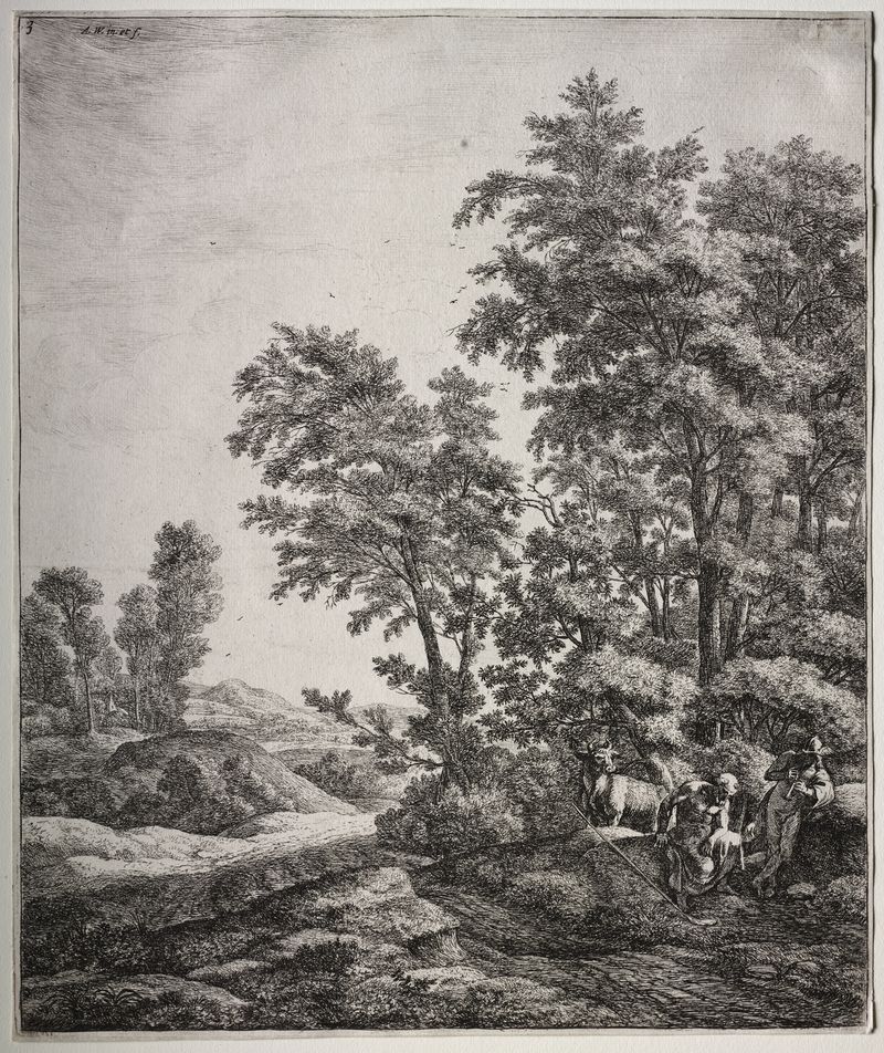 Mercury and Argus, óleo sobre tela de Antonie Waterloo, mostrando Mercúrio com asas e Argus em transformação.