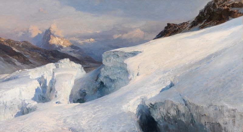 Gletscherplateau oil painting by Edward Theodore Compton depicting a glacier and mountains under a bright sky