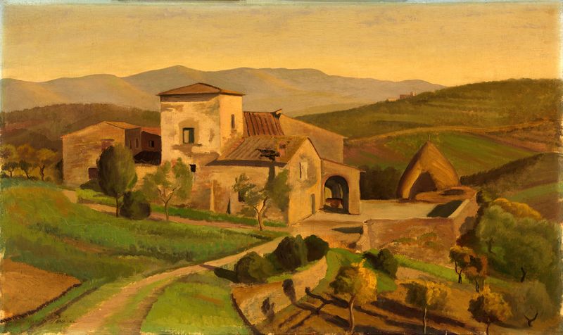 A Tuscan landscape featuring rolling hills and golden fields by Edward Bruce, oil painting