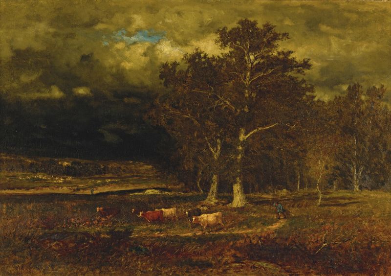 Pintura a óleo de George Inness retratando uma tempestade se aproximando com contrastes dramáticos.