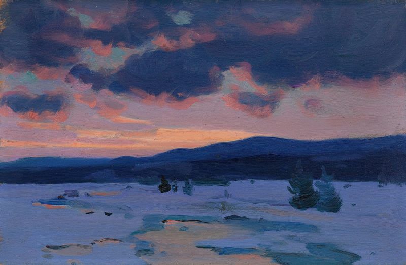 Winter landscape with snow and twilight by Clarence Alphonse Gagnon, oil painting