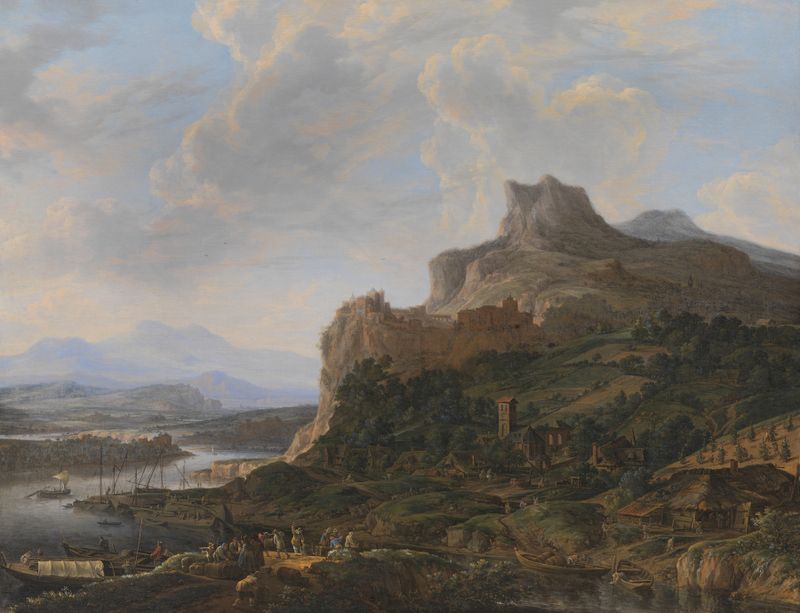 Landscape by the Rhine, oil painting by Herman Saftleven, depicting a river at sunset.