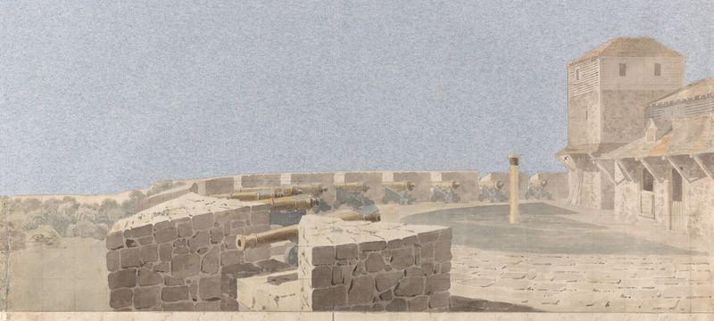 Study for a Stage Set by Michael Angelo Rooker, depicting a fortress with cannon and buildings, Renaissance drawing