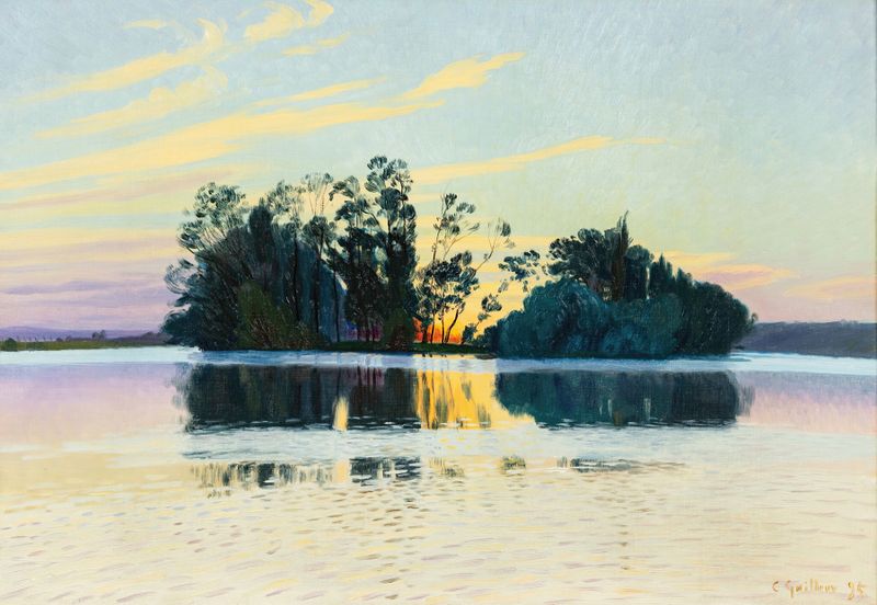 Le Lac glacé by Charles Guilloux, oil on canvas depicting a tranquil lake with reflections.