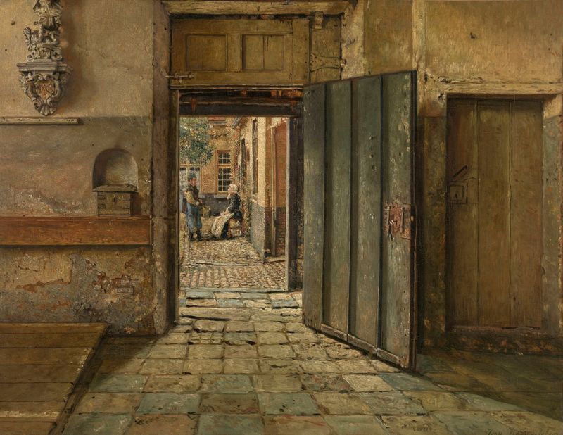 Escena de género con dos figuras en conversación, óleo de Henri de Braekeleer