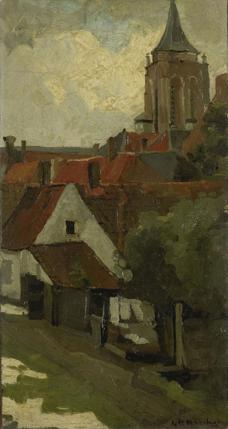 La Torre de Gorkum, óleo sobre lienzo de George Hendrik Breitner, presenta una torre de piedra al atardecer.