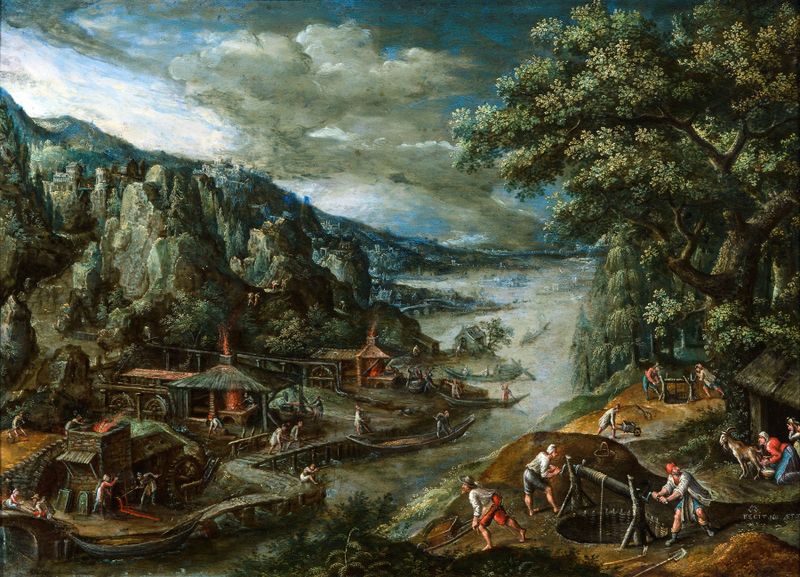 River landscape with iron mining scene, oil painting by Marten Van Valckenborch