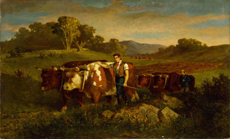 Herdsmen with Cows, pintura al óleo de Edward Mitchell Bannister, que muestra a pastores guiando vacas.