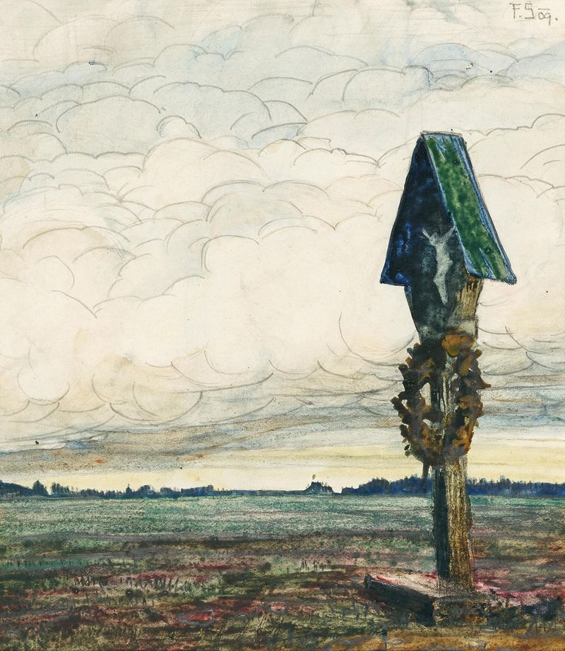 A wayside cross under storm clouds, oil on canvas by Franz Sedlacek