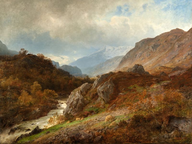 Mountain Landscape by Hans Gude, oil on canvas, featuring majestic peaks and a soft sky