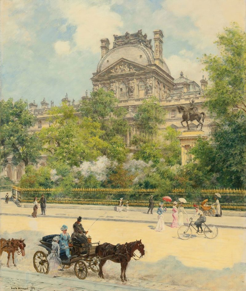 La Place Du Louvre by Louis Béroud, impressionism, depicting the grand architecture of the Louvre.