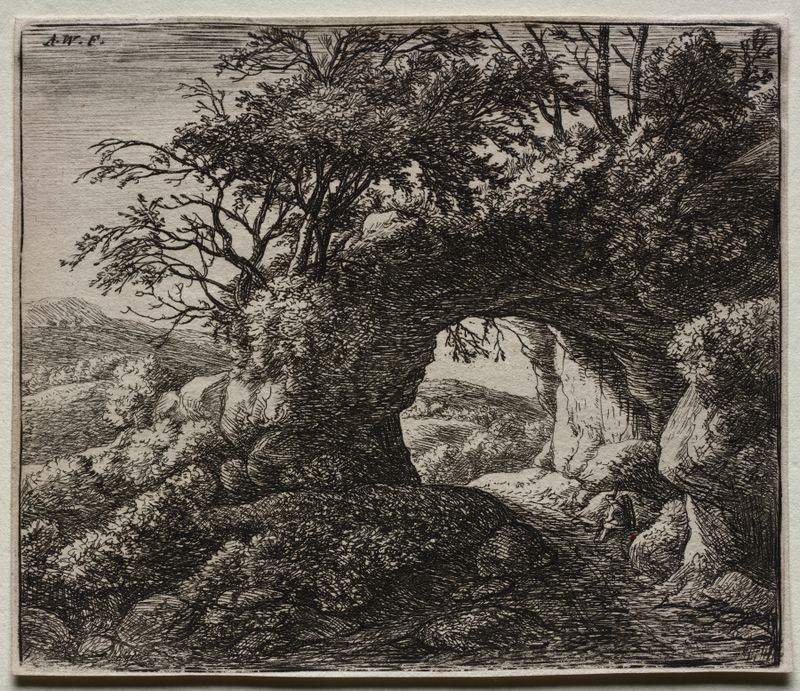 Paisagem com uma dramática formação rochosa de Antonie Waterloo, Idade de Ouro Holandesa