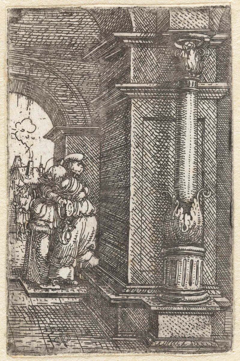 Joachim y Anna se encuentran en la puerta, obra en papel de Hans Sebald Beham