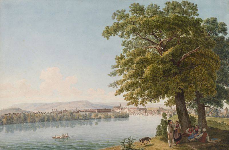 Paisaje de Basilea al atardecer, pintura al óleo de Johann Jakob Biedermann