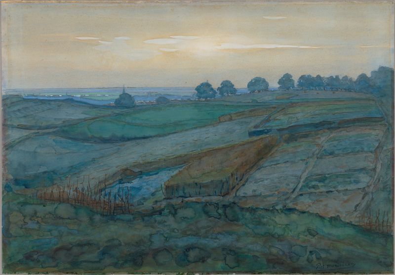 Landscape near Arnhem, oil on canvas by Piet Mondrian, featuring gentle greens and muted browns.