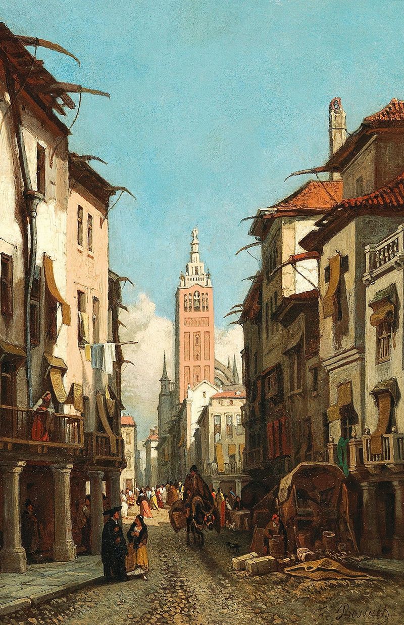 Rue de la Giralda by François Antoine Bossuet, oil painting depicting a street in Seville.