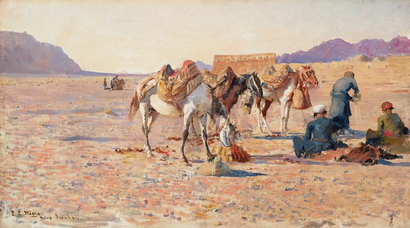 Near Ispahan by Edwin Lord Weeks, oil painting of a vibrant landscape with architecture and figures.