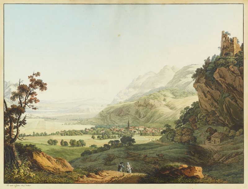 Vue de Bex by Jean-Antoine Linck, oil on canvas depicting a serene landscape with mountains and clouds.