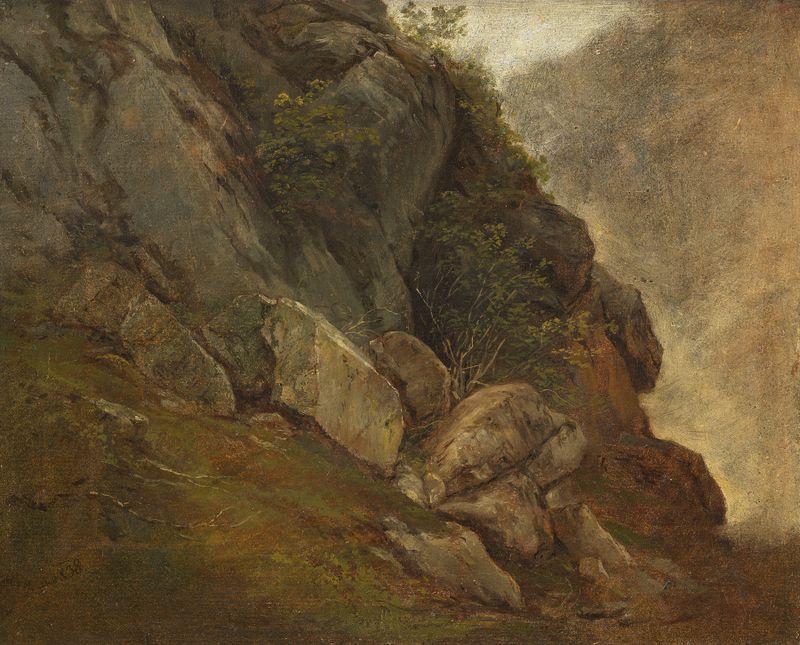 Nature study of a rock face by Friedrich Gauermann, 1838, showcasing rugged textures in ochre and gray.