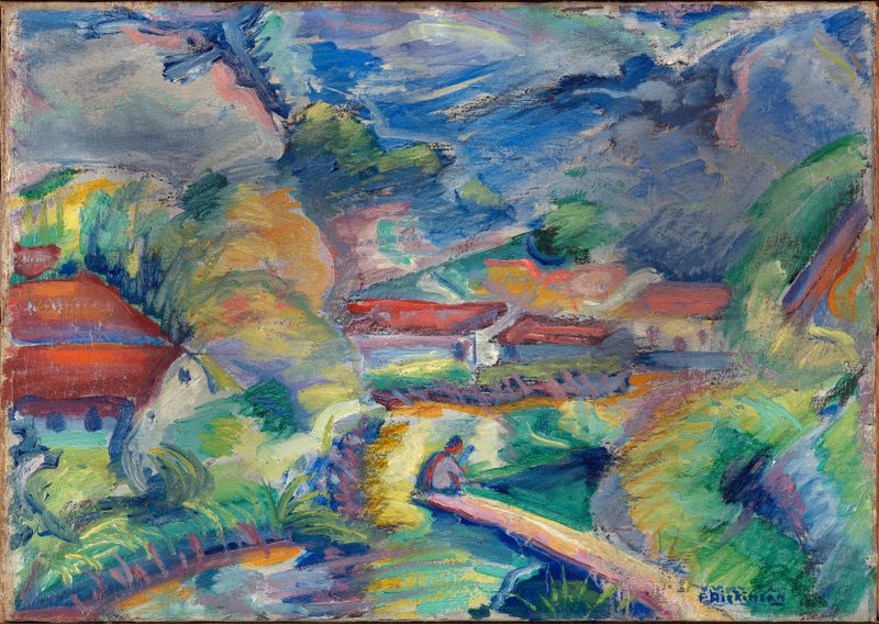 Untitled Landscape de Preston Dickinson, pintura al óleo que representa colinas y nubes.
