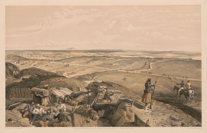 Paisaje de una fortaleza iluminada por la luz del sol, tinta sobre papel de William Simpson