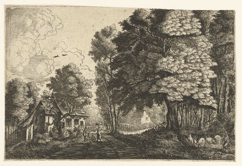 Etching by Jean Baptiste Bonnecroy depicting a shepherd near a forest edge.