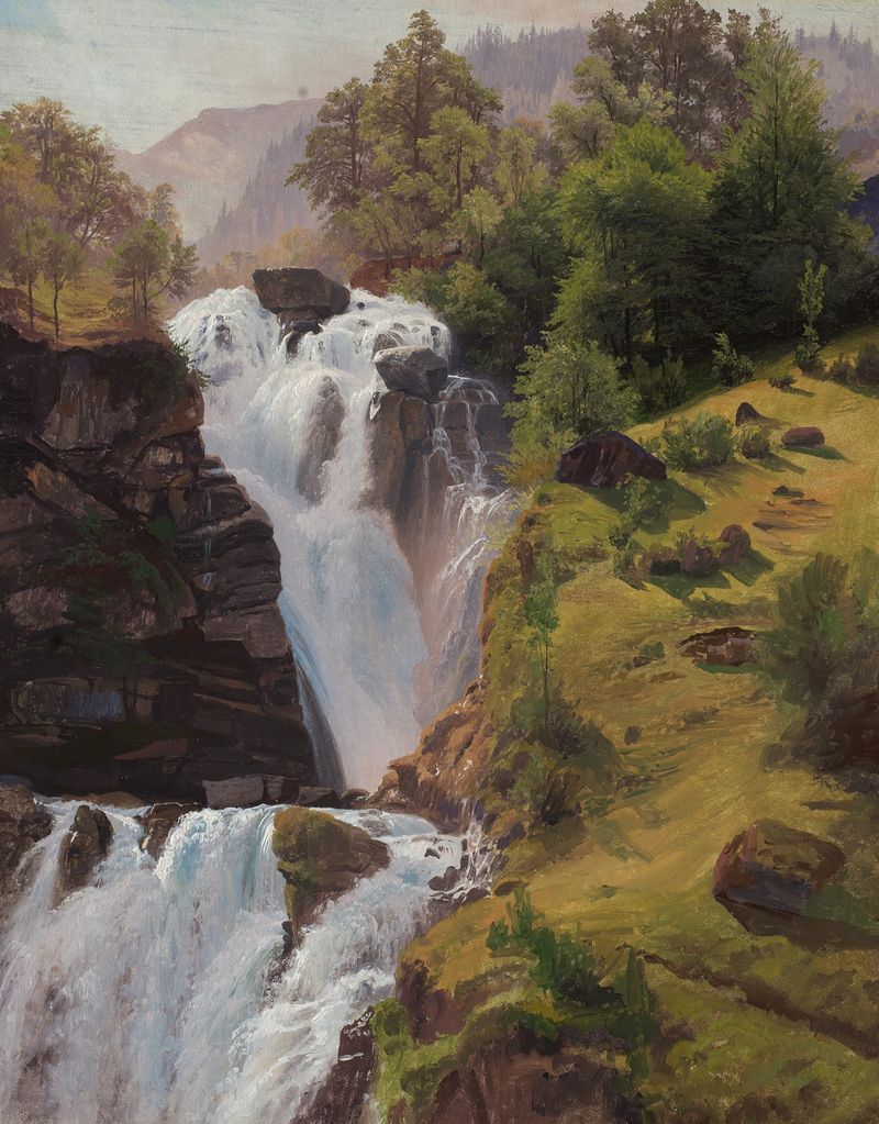 Der Reichenbachfall bei Meiringen by Johann Wilhelm Schirmer, oil painting of a dramatic waterfall.