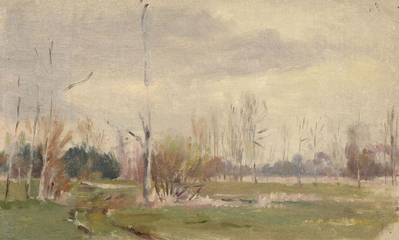 Paysage fluvial de Jeanne Jegou-Cadart, óleo sobre lienzo que representa una escena de río tranquila.