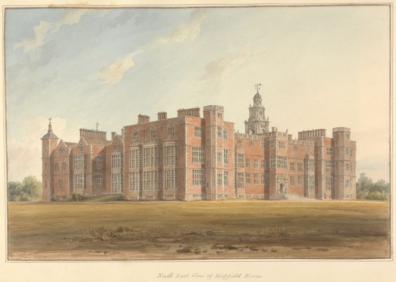 Vista Nordeste da Hatfield House de John Buckler, pintura a óleo que retrata a obra de pedra e a paisagem.