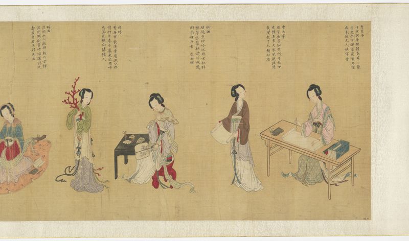 Obra de seda figurativa de Qiu Ying com uma mulher e um loto