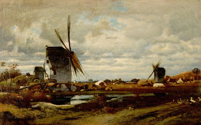 Paisaje con molinos de viento bajo un cielo tormentoso, pintura al óleo de Jules Dupré