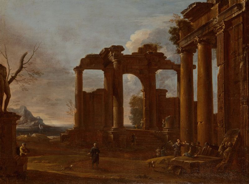 Dos templos clásicos en ruinas con figuras y bajorelieve, óleo sobre lienzo de Giovanni Ghisolfi