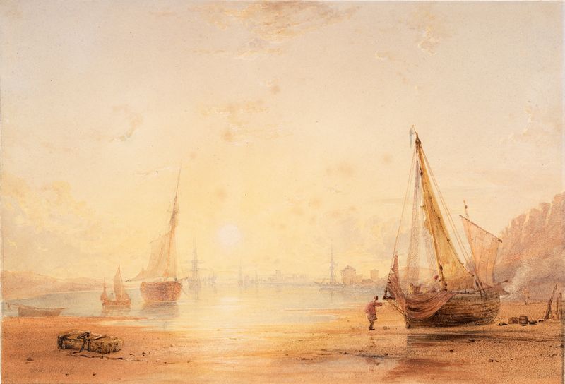 Shoreham Harbour, Sussex by Copley Fielding, oil painting depicting waves and shore