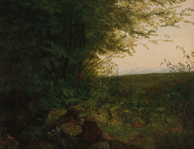 Paisaje que representa un bosque con luz moteada, de August Heinrich, pintura al óleo