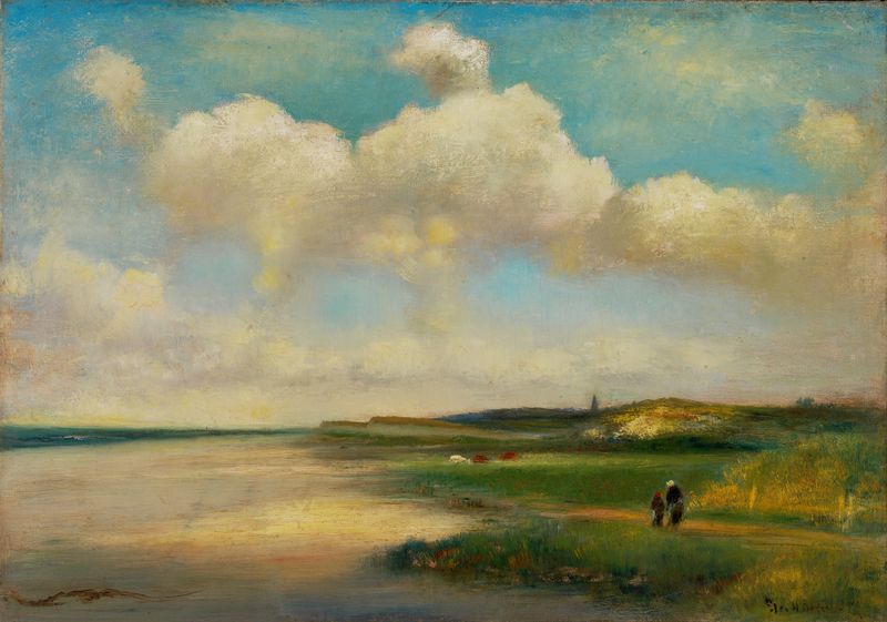 Pintura de paisagem a óleo de George Henry Bogert com luz e água