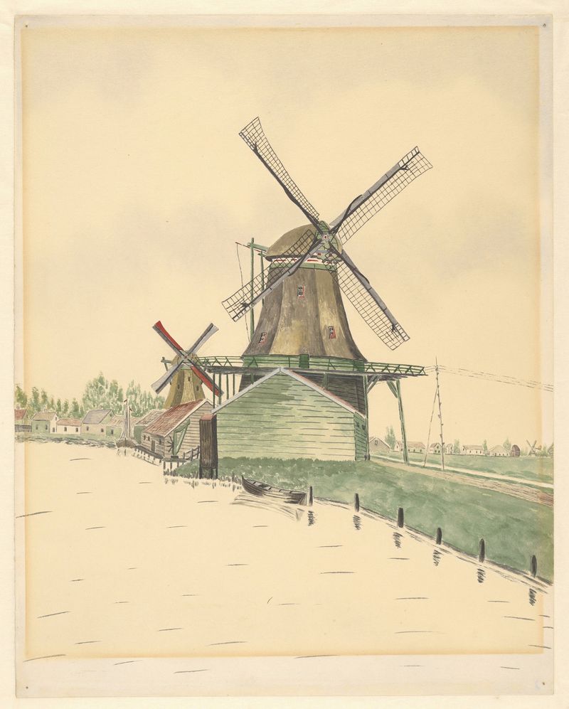 Oil painting by Johannes Nicolaas Eijman depicting a windmill and vibrant grass