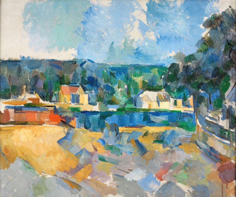 On the Banks of a River de Paul Cezanne, pintura al óleo que representa un paisaje vibrante con un río fluido.
