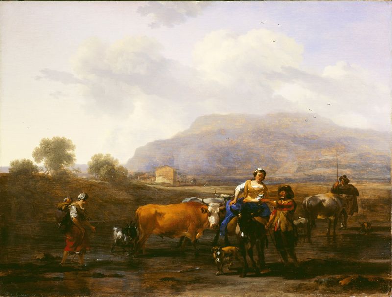 Escena de género que representa campesinos en un camino al atardecer, óleo de Nicolaes Pietersz Berchem.