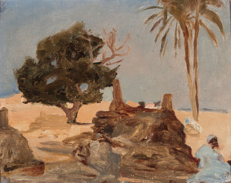 Cemitério nas pirâmides, óleo sobre tela de Jan Ciągliński, com lápides e pirâmides sob luz dourada.