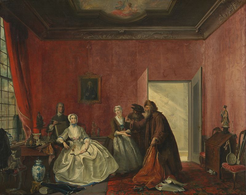Genre scene depicting merchants and finery in an oil painting by Cornelis Troost