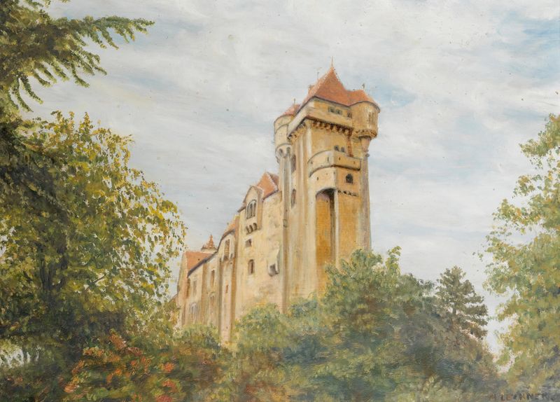 O Castelo de Liechtenstein em Maria Enzersdorf por M Lechner, pintura a óleo mostrando a silhueta de um castelo.