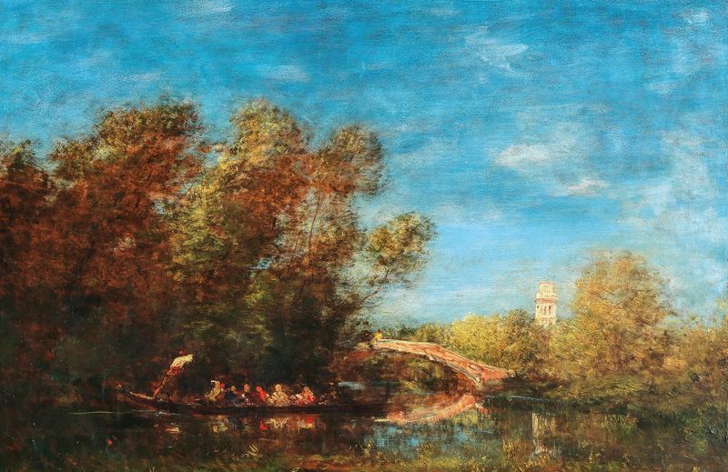 Pintura a óleo de Félix Ziem retratando um canal e jardins em Veneza